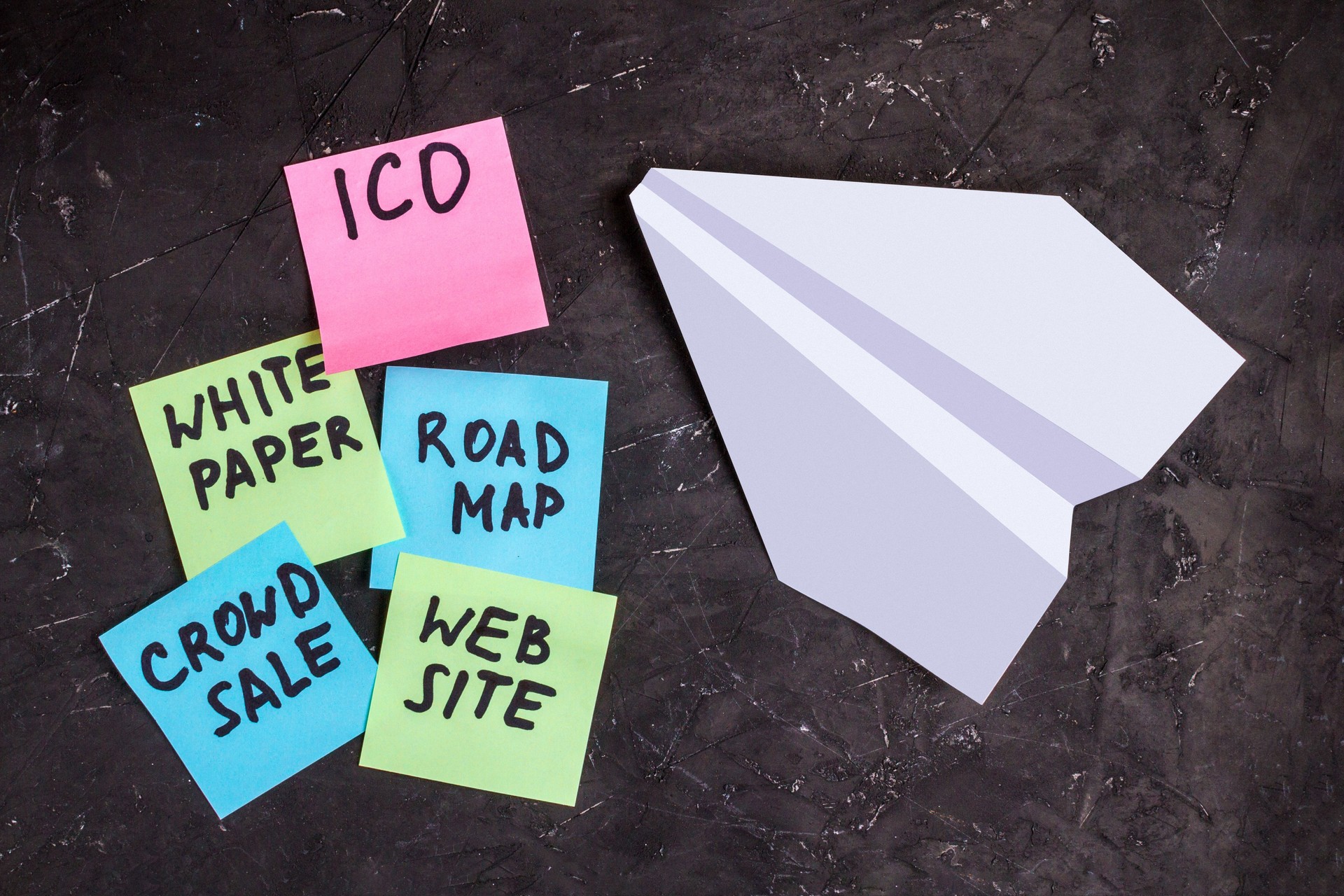 ICO start-up scheme. Stickers with words